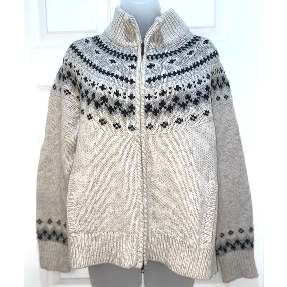 Vintage L.L. Bean Womens Lamb Wool Fair Isle Nordic Full Zip Cardigan Sweater LP - Picture 1 of 13